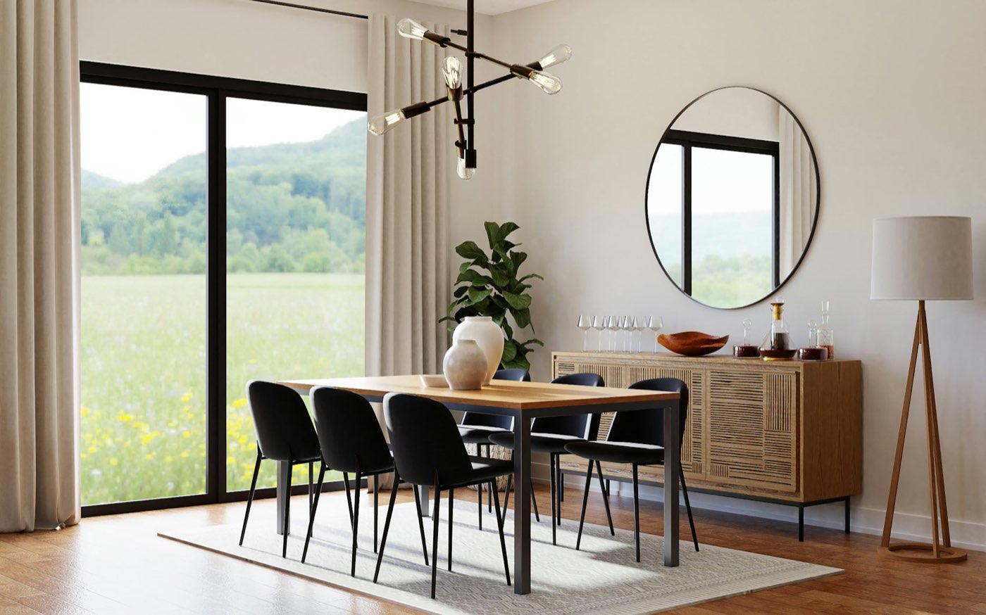 Dining room with oak table and black chairs beside a wall of glass