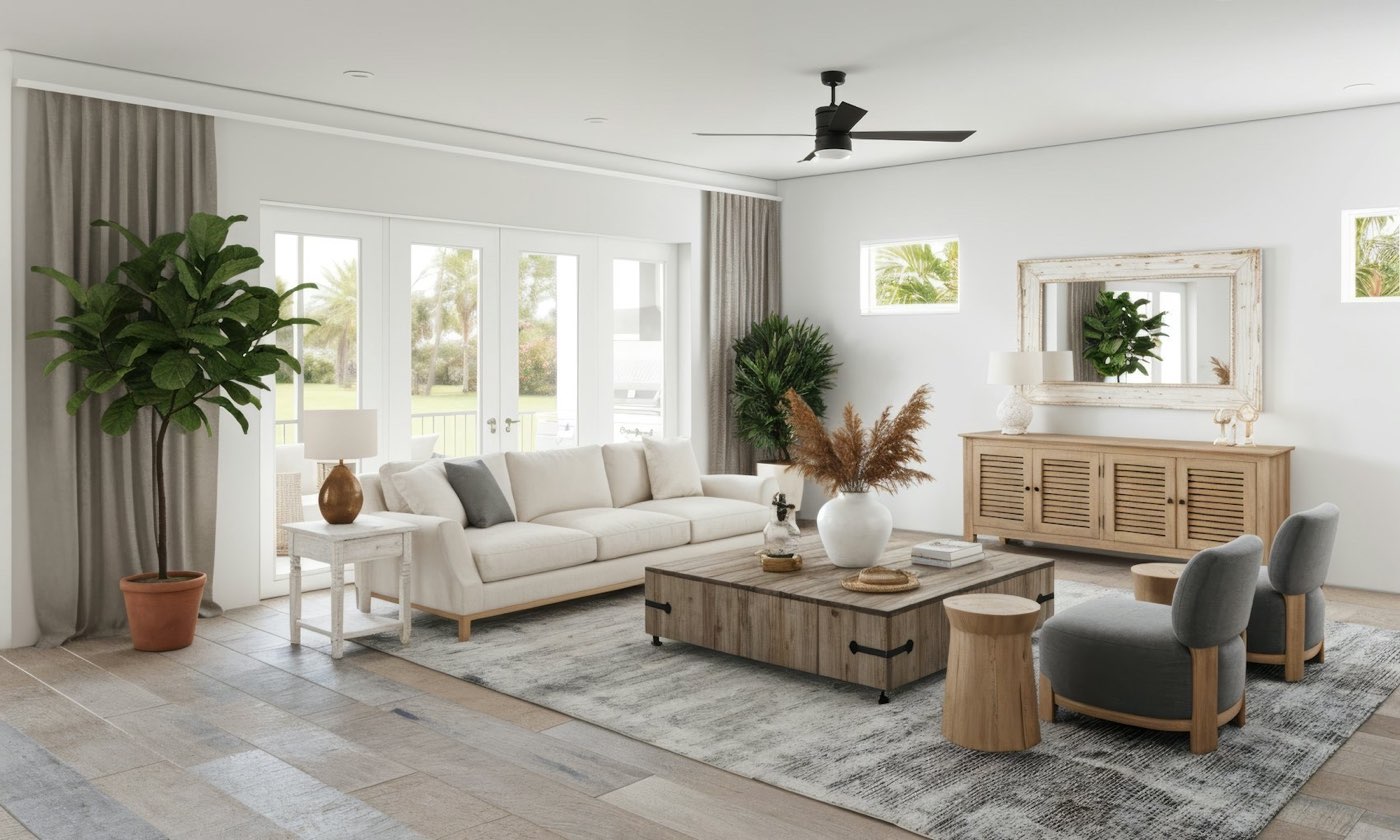Bright coastal living room with white sectional and reclaimed-wood coffee table