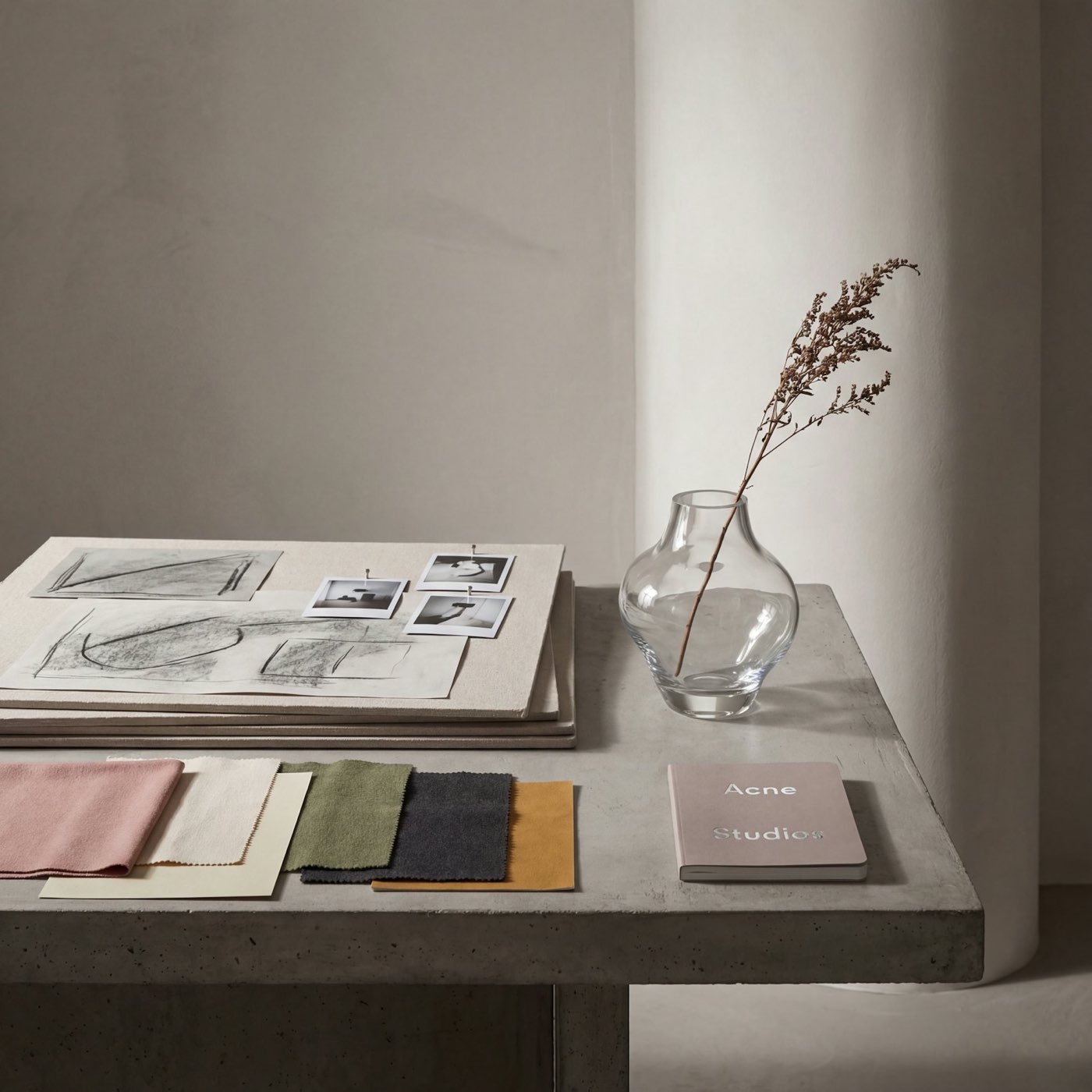 Fabric swatches, sketches, and ceramics arranged on a studio worktable